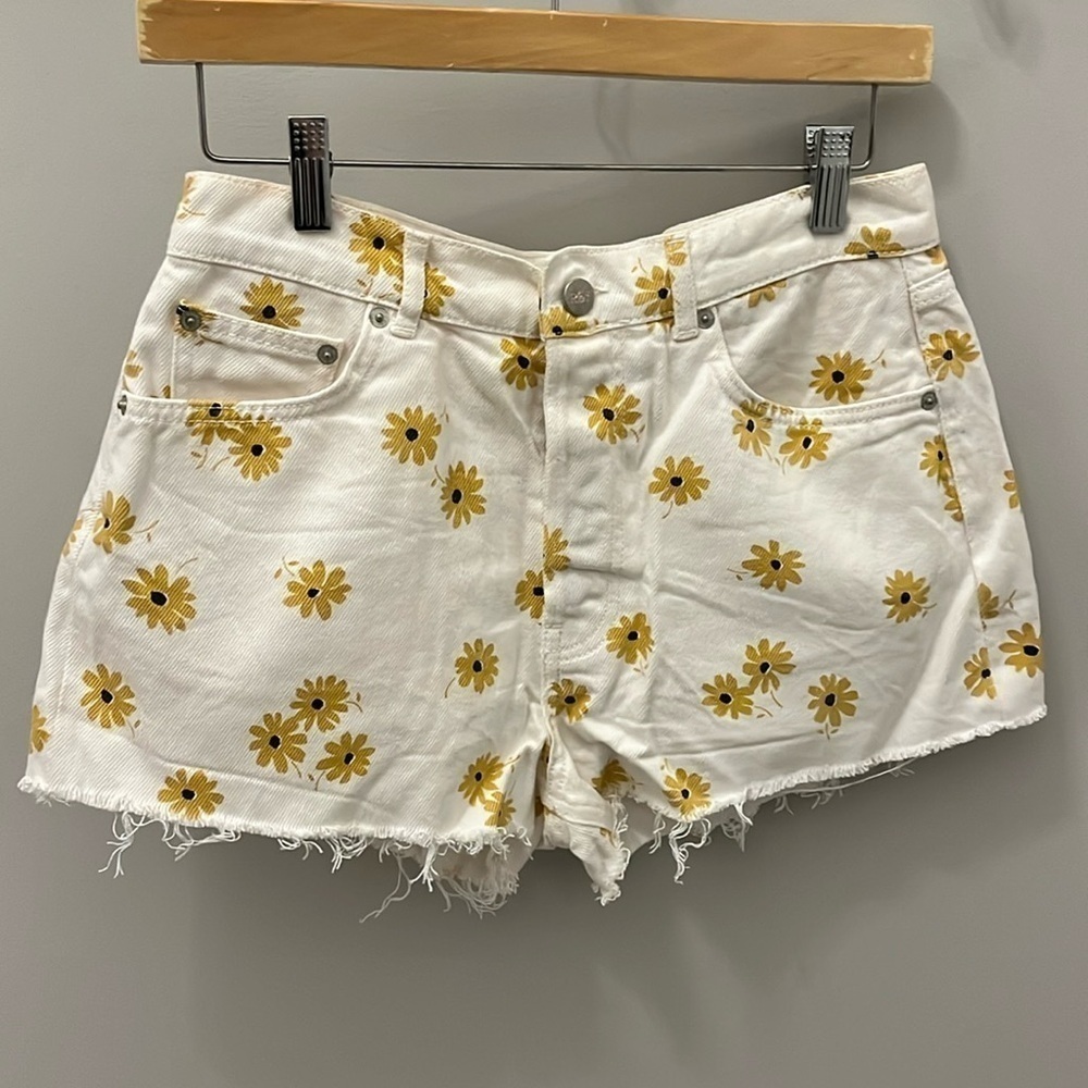 Reformation White Jean Shorts with Yellow Floral Print